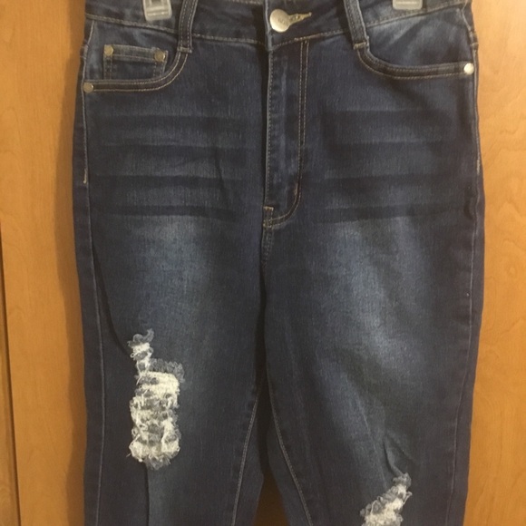 Bob jeans High Waisted Dark Wash Destroyed Distressed Skinny Jeans 7/8 - Picture 4 of 5